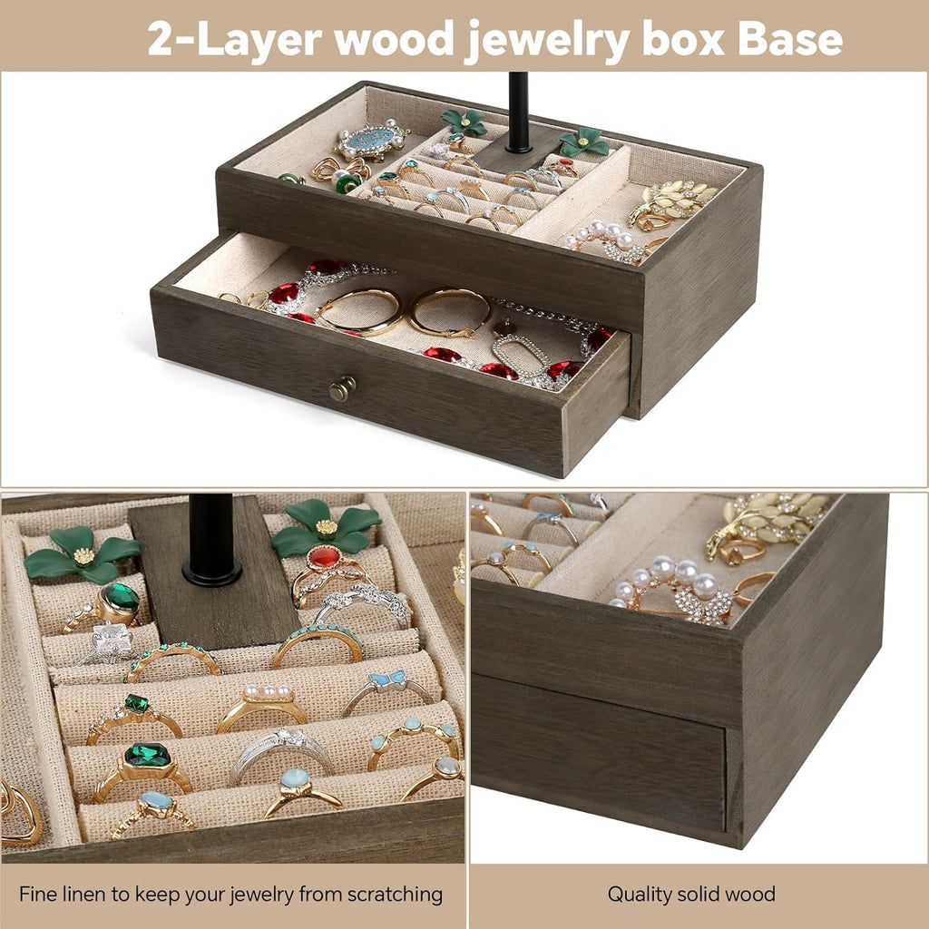 Jewelry Organizer Stand, 3-Tier Necklace Holder Jewelry Tree with Wooden Storage Drawer Box for Necklace Bracelet Earring Ring, Walnut