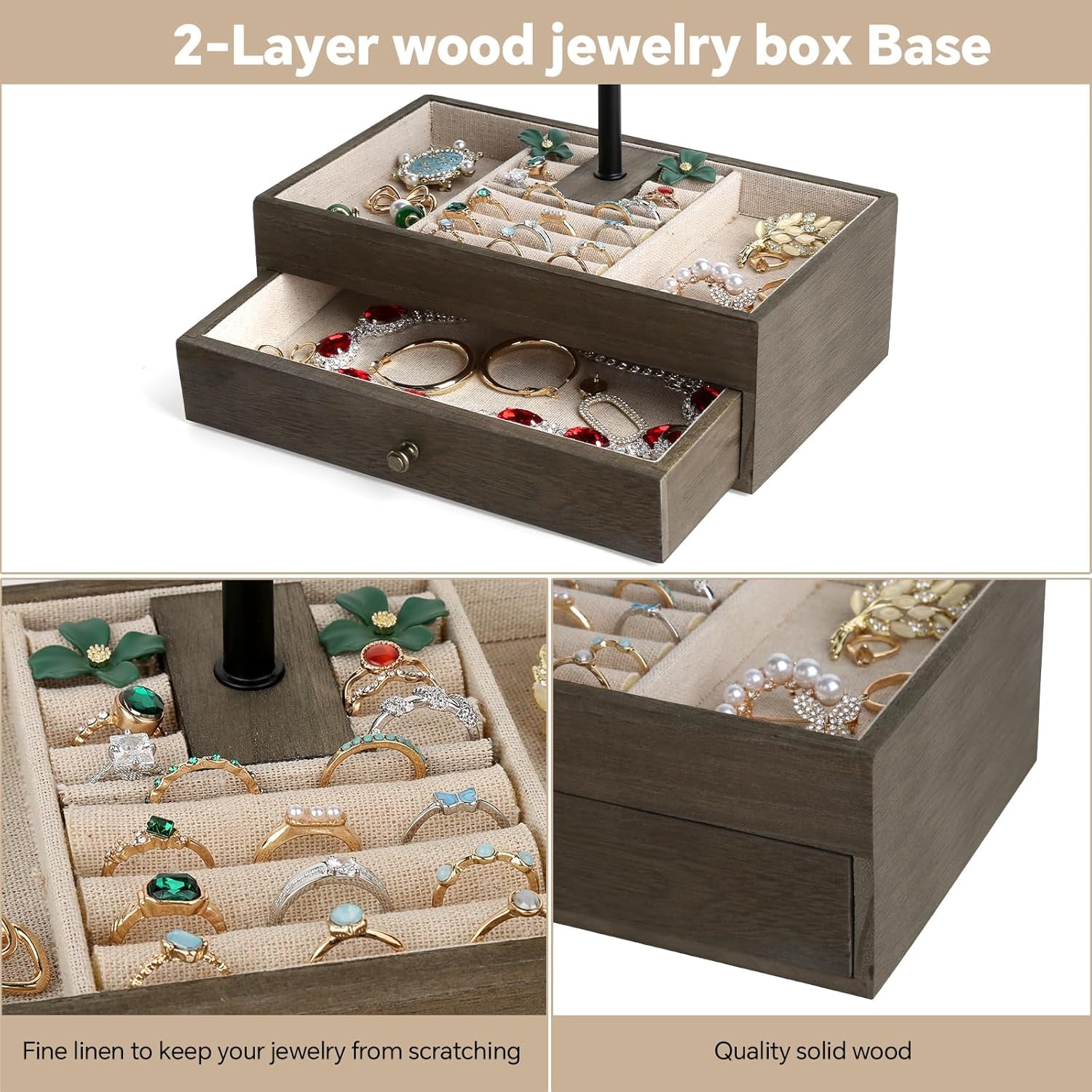 Jewelry Organizer Stand, 3-Tier Necklace Holder Jewelry Tree with Wooden Storage Drawer Box for Necklace Bracelet Earring Ring, Walnut