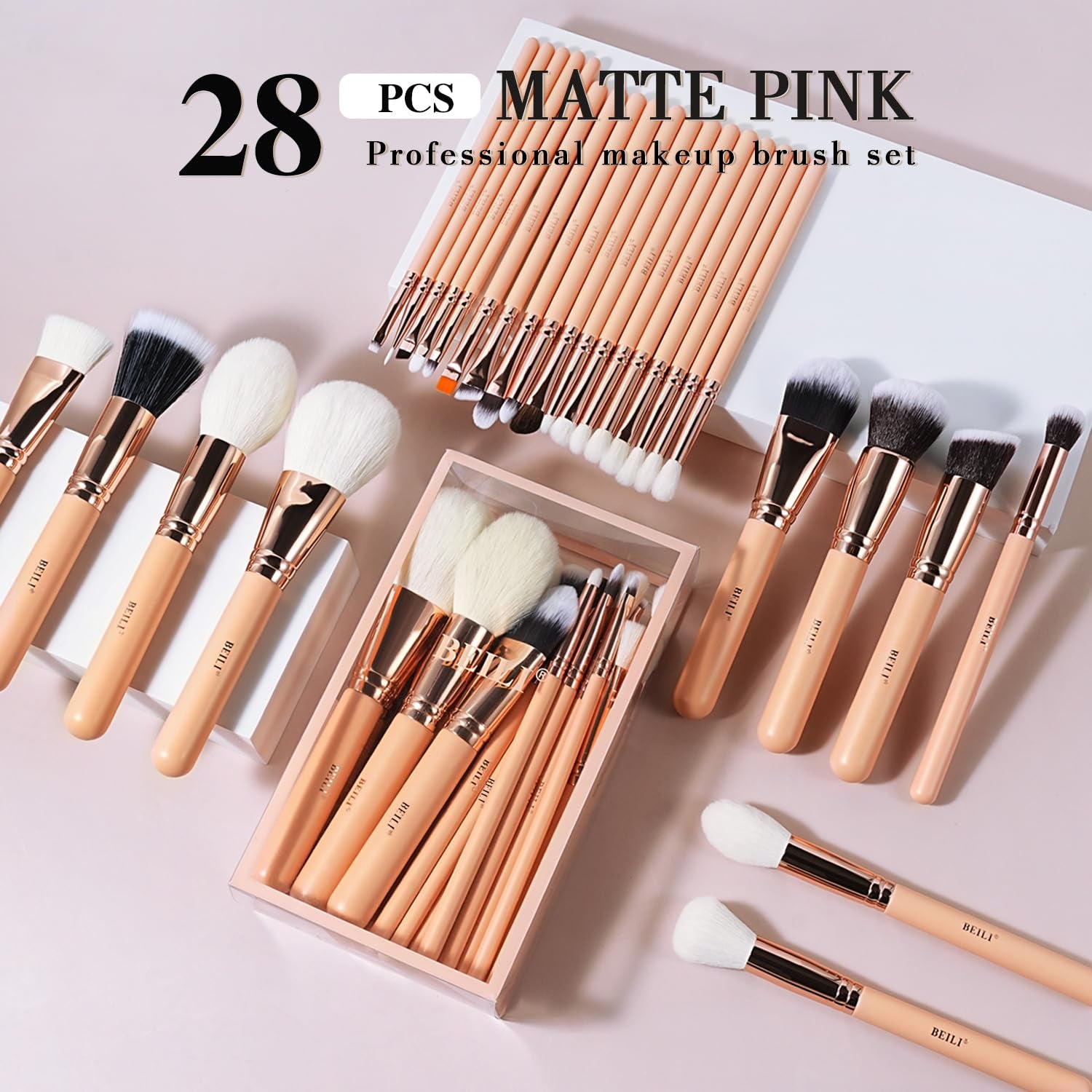 Makeup Brushes 28Pcs Pink Makeup Brush Set Premium Goat Synthetic Kabuki Foundation Blending Brush Face Powder Blush Concealers Eye Shadows Make up Brush Set(Pink/Rose Gold)