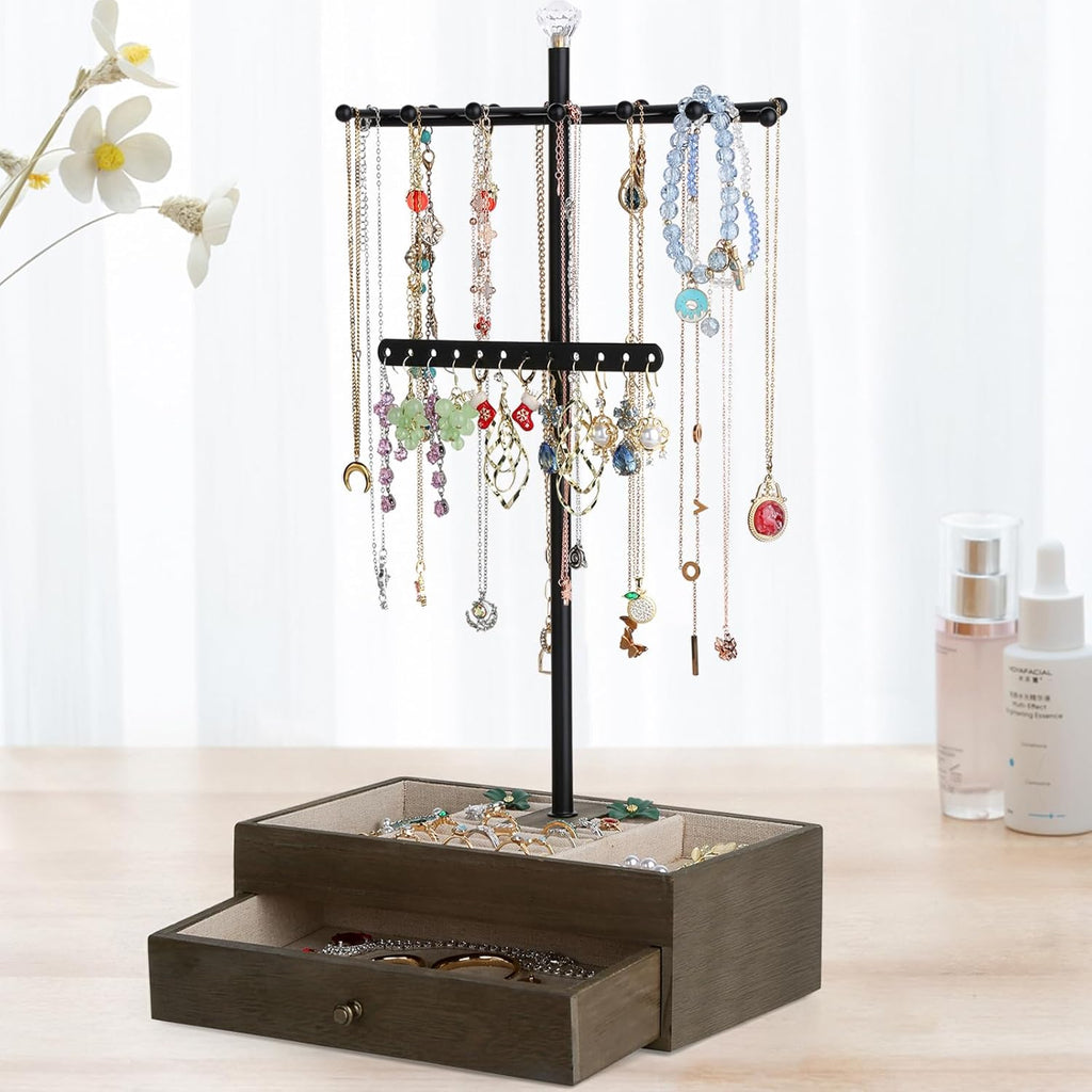 Jewelry Organizer Stand, 3-Tier Necklace Holder Jewelry Tree with Wooden Storage Drawer Box for Necklace Bracelet Earring Ring, Walnut