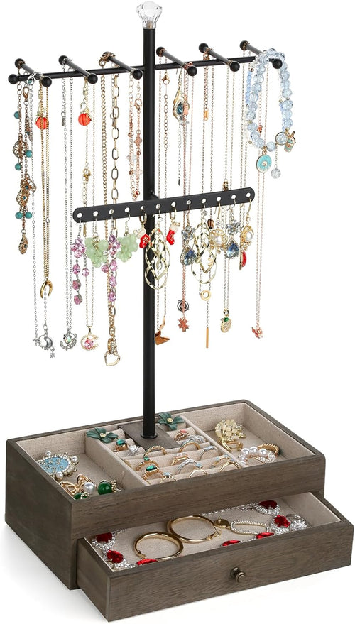Jewelry Organizer Stand, 3-Tier Necklace Holder Jewelry Tree with Wooden Storage Drawer Box for Necklace Bracelet Earring Ring, Walnut