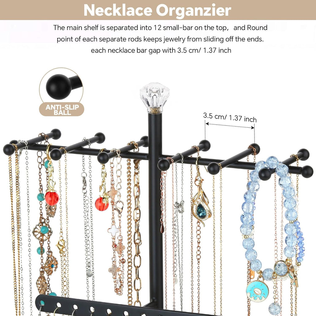 Jewelry Organizer Stand, 3-Tier Necklace Holder Jewelry Tree with Wooden Storage Drawer Box for Necklace Bracelet Earring Ring, Walnut